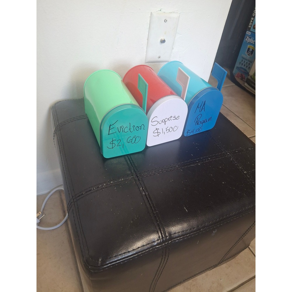 Set of 3 Mini Metal Mailbox Tins Decorative Savings Jars Green Red Blue DIY